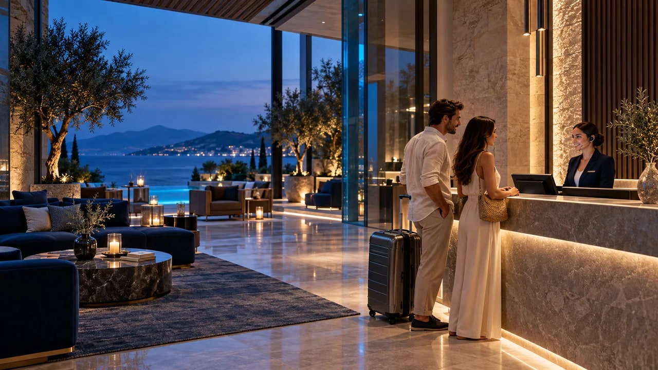 Temsili otel resepsiyonu ve misafir karşılama sahnesi